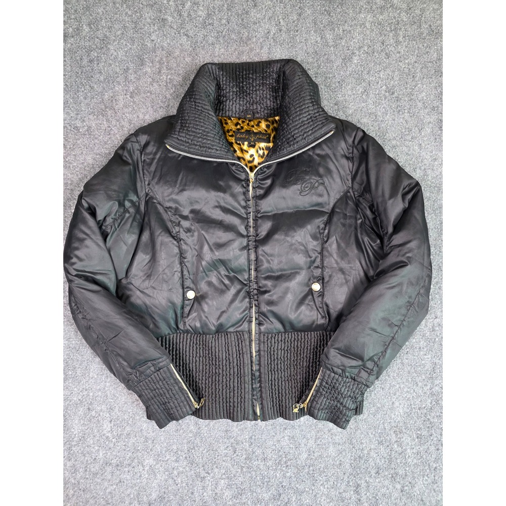 Baby Phat Puffer Jacket Womens XL Black Leopard Print Lining Y2K Quilted Cropped